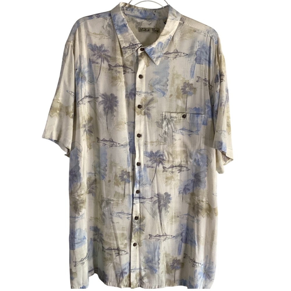 Batik Bay Mens 2XLT Hawaiian Shirt Blue Tan Fish Palm Tree Tropical Rayon Tall - Picture 2 of 7